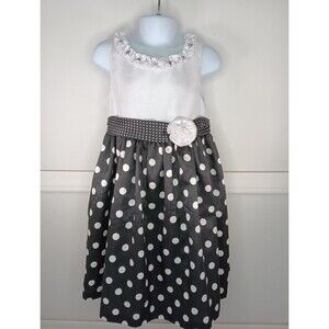 American Princess Polka Dot Dress Size 6 Black White Sleeveless Zip Belted EUC